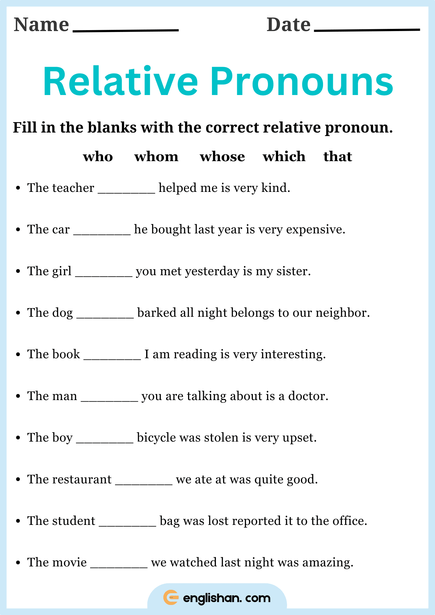 Practicing relative pronouns through fill-in-the-blanks to enhance grammar skills.