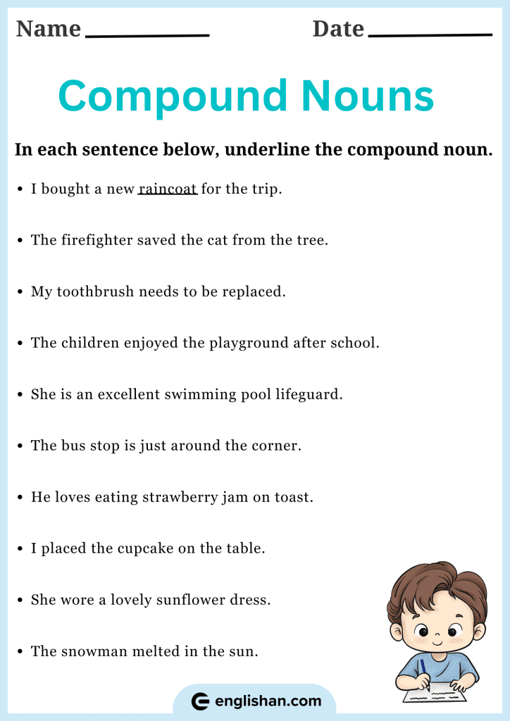 Underline compound nouns worksheet for learning English grammar