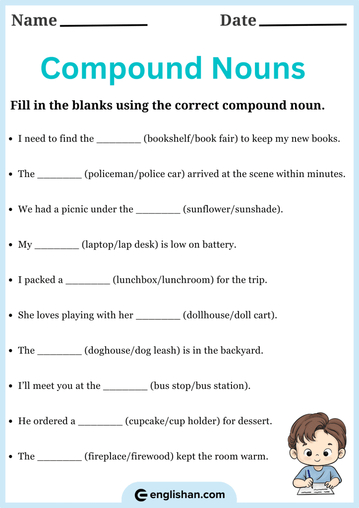 Fill in the blanks compound nouns worksheet for English practice