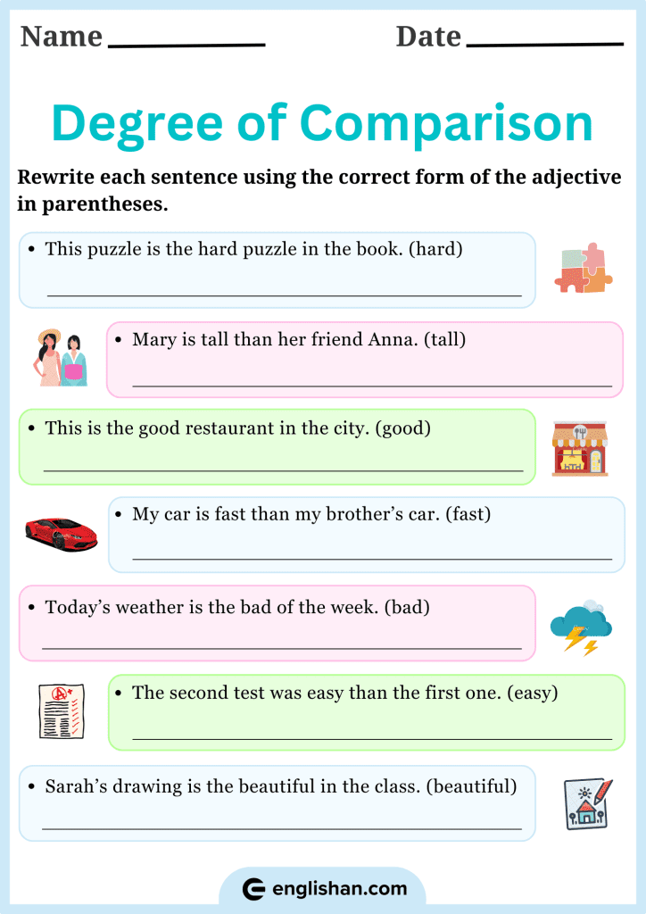 Rewrite the sentences using the correct adjective form for the degree of comparison worksheet