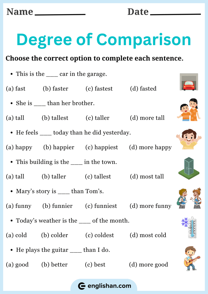 Choose the correct option for each degree of comparison worksheet