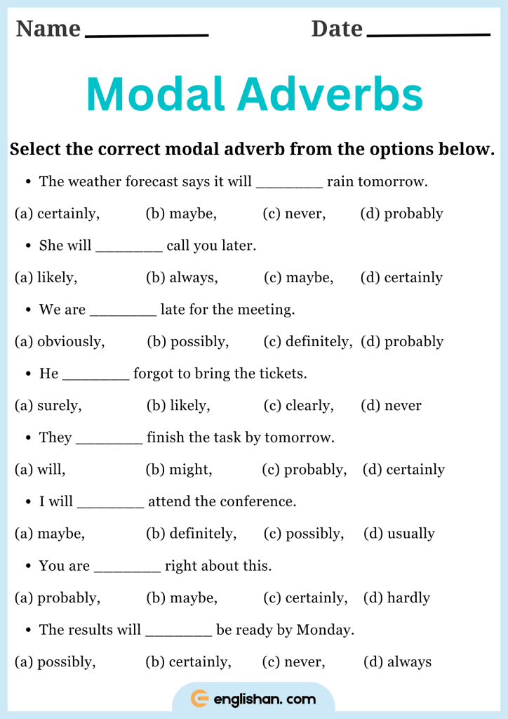 Choose the correct modal adverbs worksheet for improving sentence structure and grammar