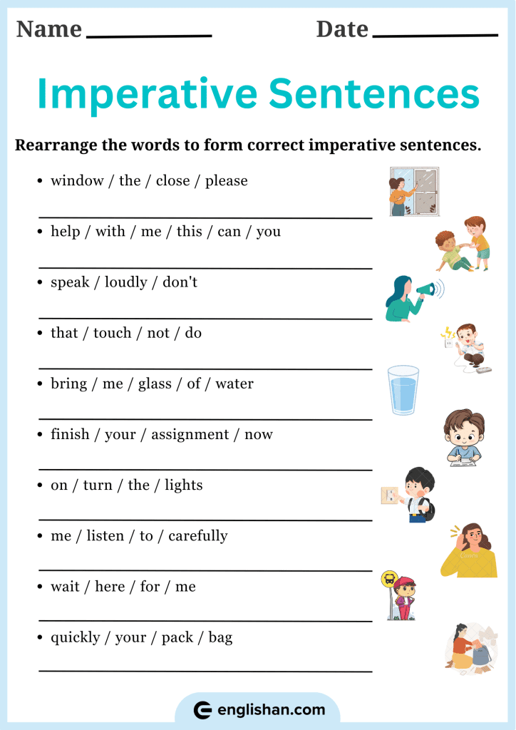 Rearrange the words to form correct imperative sentences worksheets