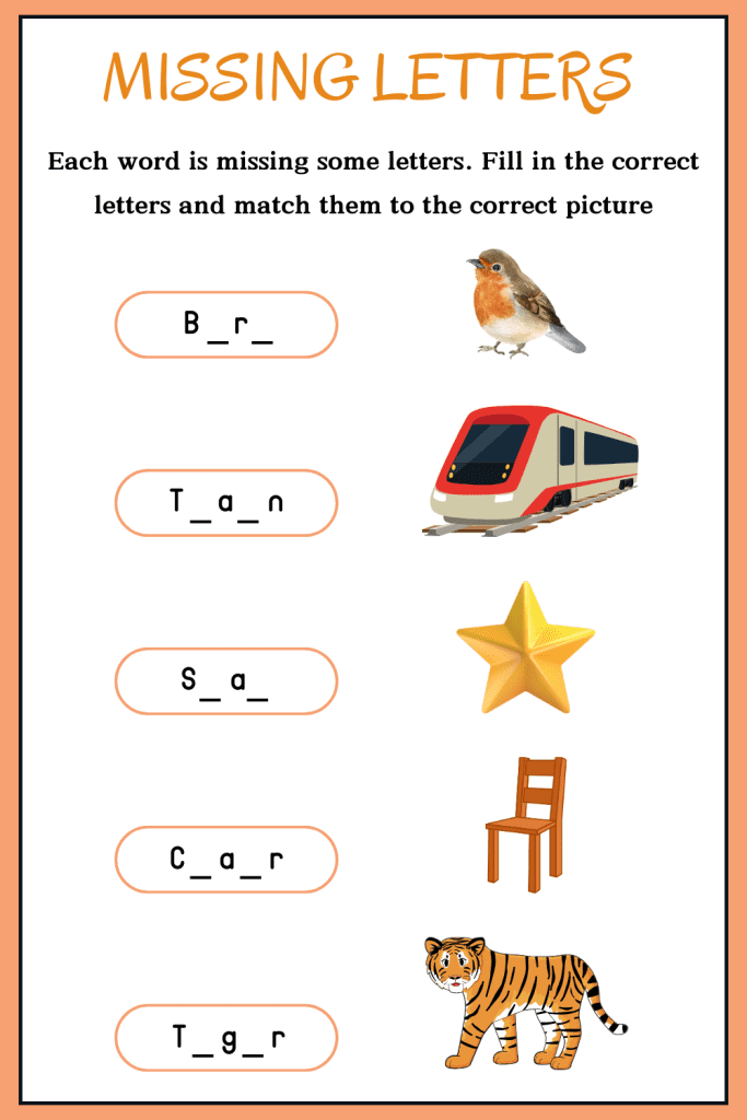 Missing letters worksheets for beginners with solutions