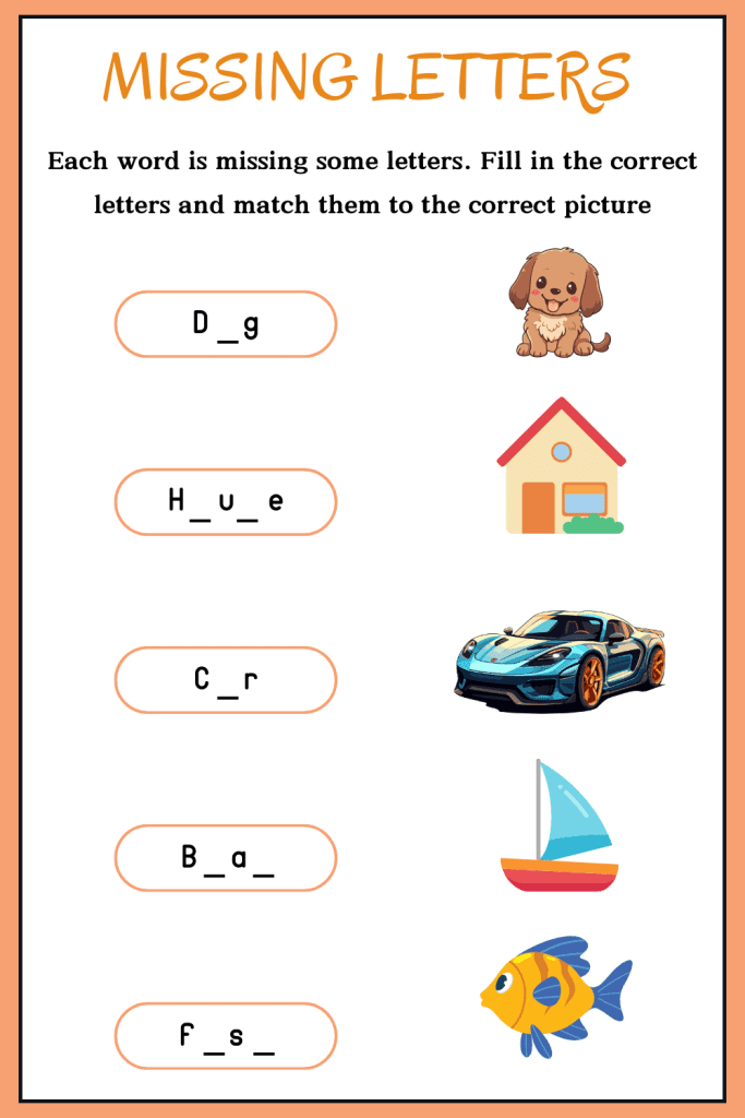 Missing letters worksheets for kids with answers for English learning