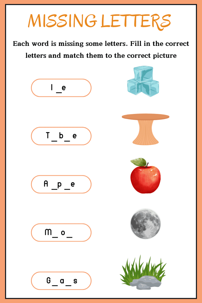 Missing letters worksheets with answers for English practice and vocabulary improvement