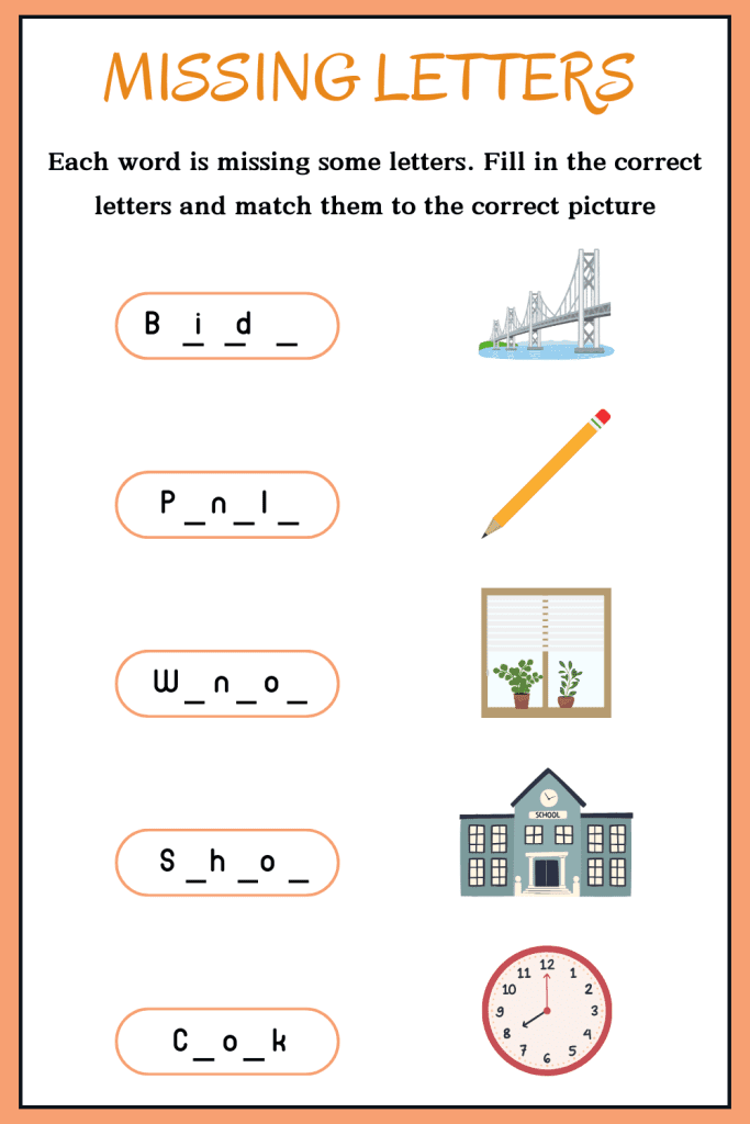 Easy missing letters worksheets to improve English vocabulary and practice word completion