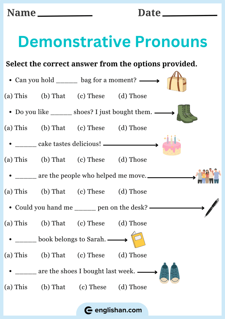 Choose the correct option worksheet for demonstrative pronouns