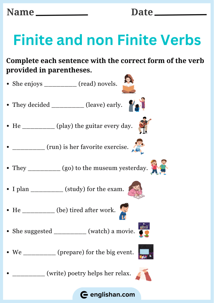 Fill in the blanks to practice finite and non-finite verbs worksheets with easy examples