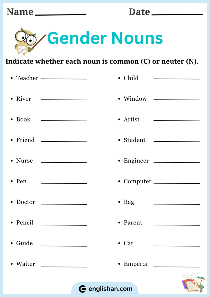 Determine if each noun is common or neuter in this exercise