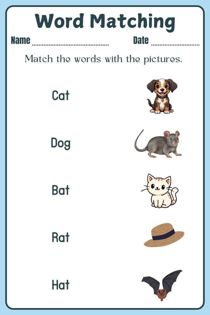 Match the words to the pictures worksheet for kids learning English