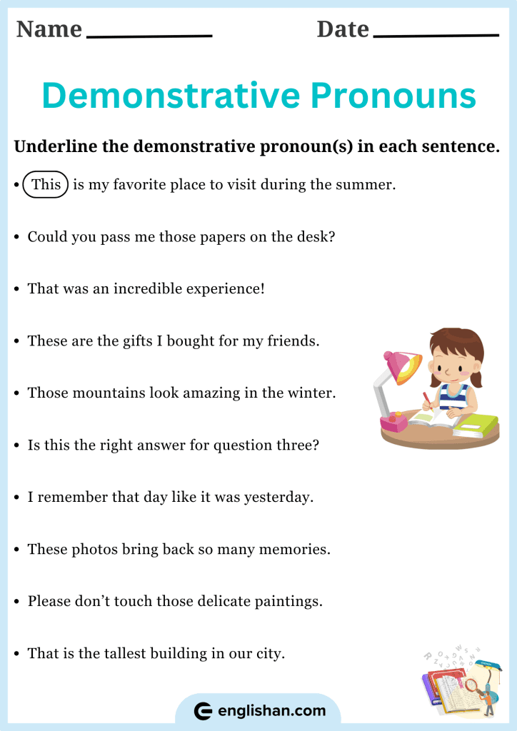 Underline the demonstrative pronoun worksheet with answers