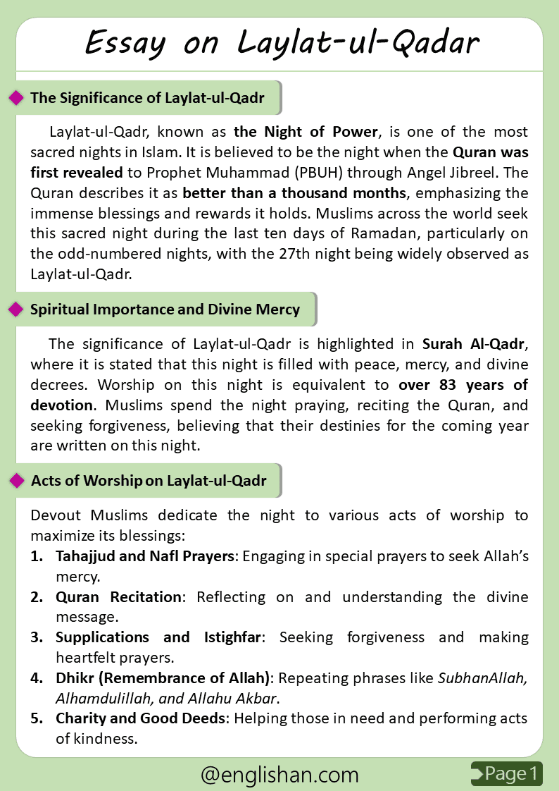 500 Words Laylat-ul-qadr Essay for Upper Primary and Lower Secondary
