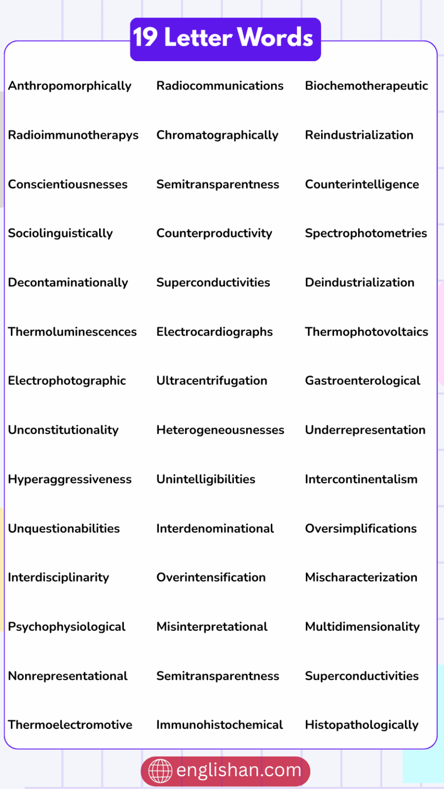 19 Letter Words – Vocabulary List