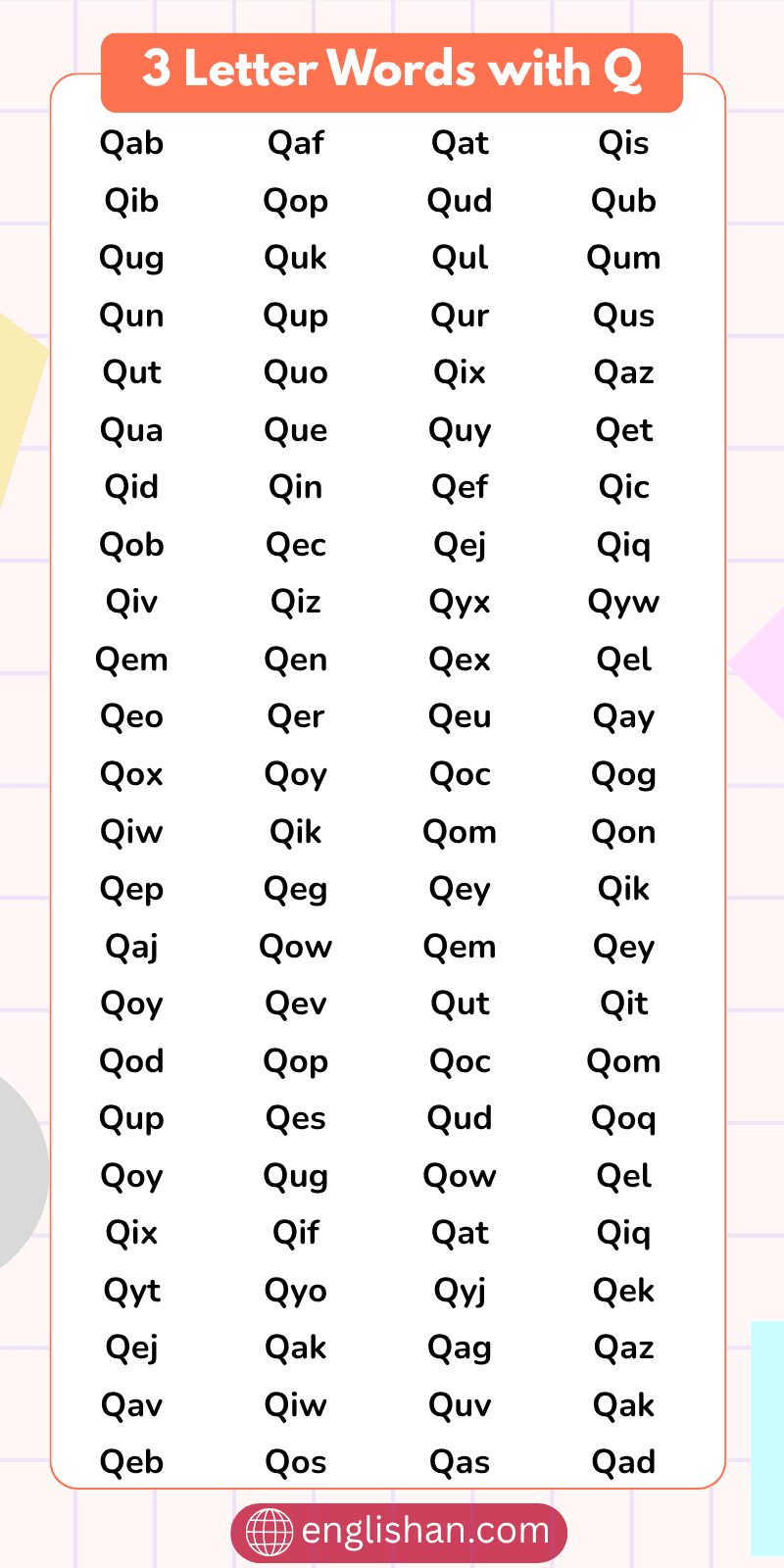 Three Letter Words With Q Complete English Word List