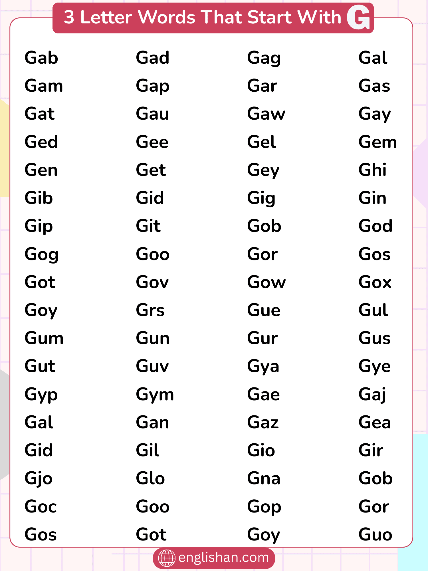 78 Three Letter Words That Start With G