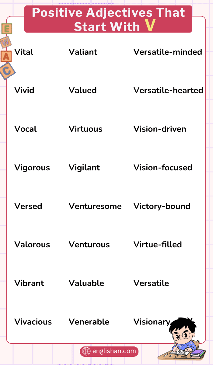 positive adjectives that start with V list with meanings and examples