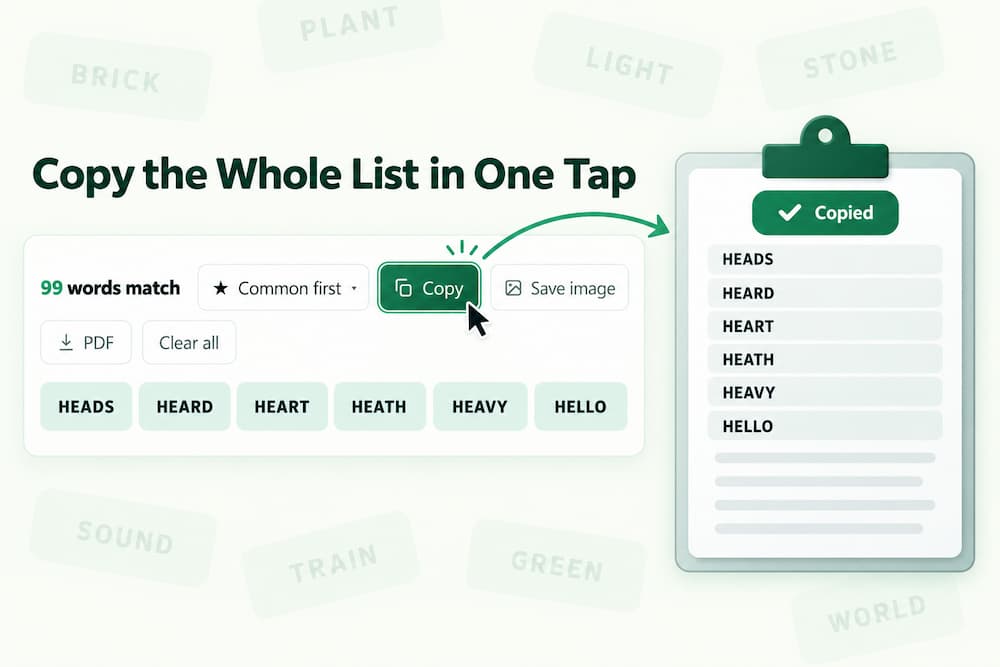 5 Letter Word Finder Copies the Whole Organized List in one Tap