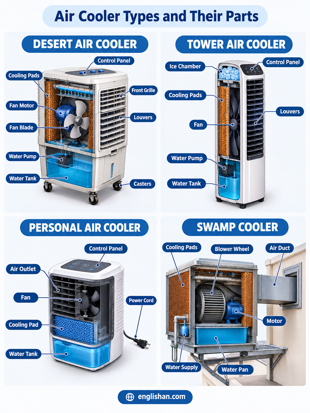 Air cooler types and their parts including desert, personal, window, tower, and portable cooler components