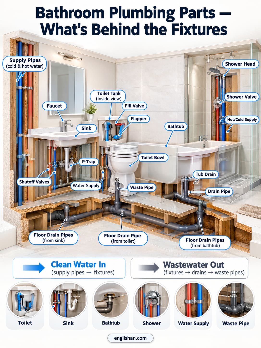 Bathroom plumbing parts including hot and cold supply lines, shutoff valves, sink P trap, toilet connections, and drainpipes