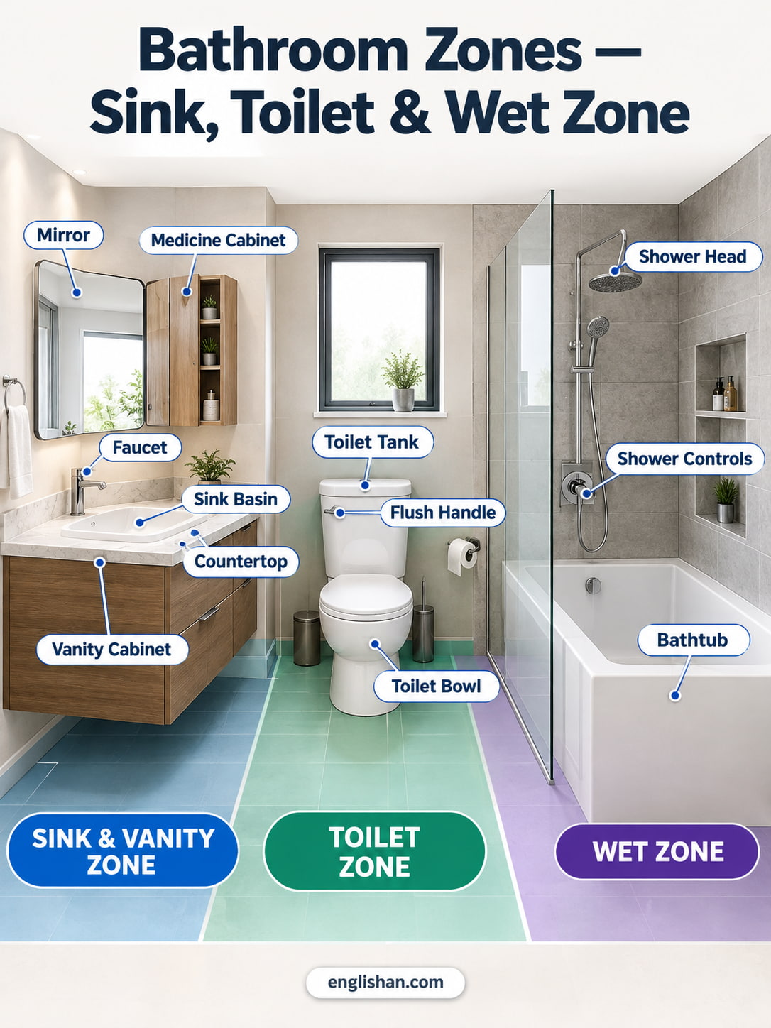 Bathroom zones showing the sink and vanity area, toilet zone, and wet area with a shower, bathtub, and floor drain