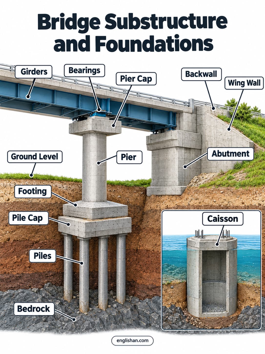 Bridge substructure showing piers, abutments, pier caps, footings, pile caps, and deep pile foundations below ground