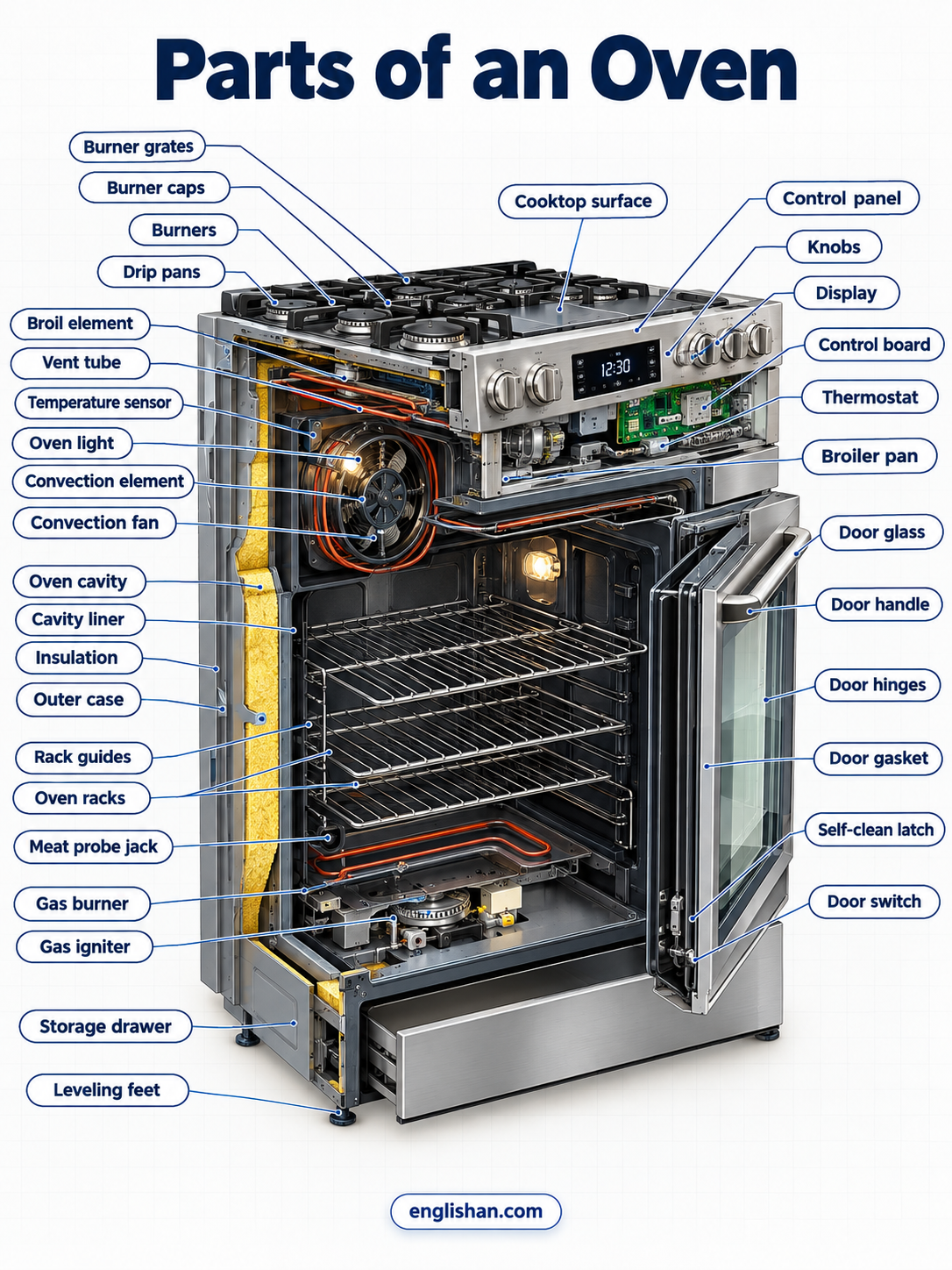 Parts of an oven including the cooking cavity, heating elements, racks, door, thermostat, control panel, and convection fan