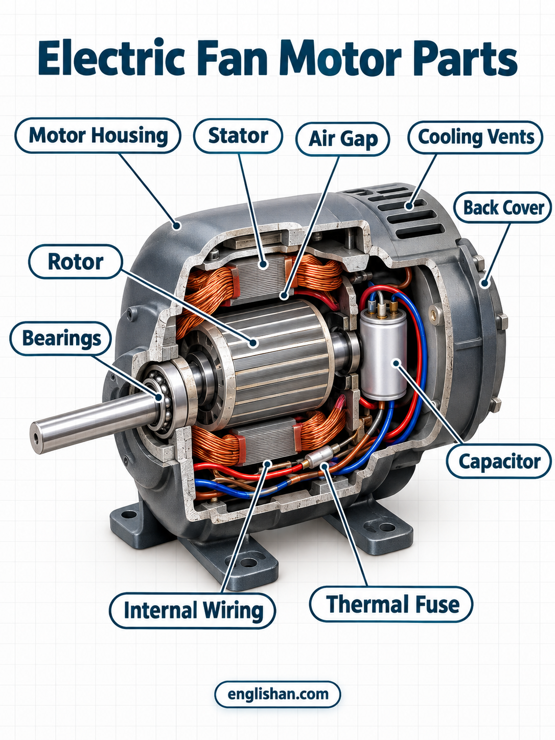 Electric fan motor parts including stator, rotor, copper windings, shaft, bearings, capacitor, and motor housing