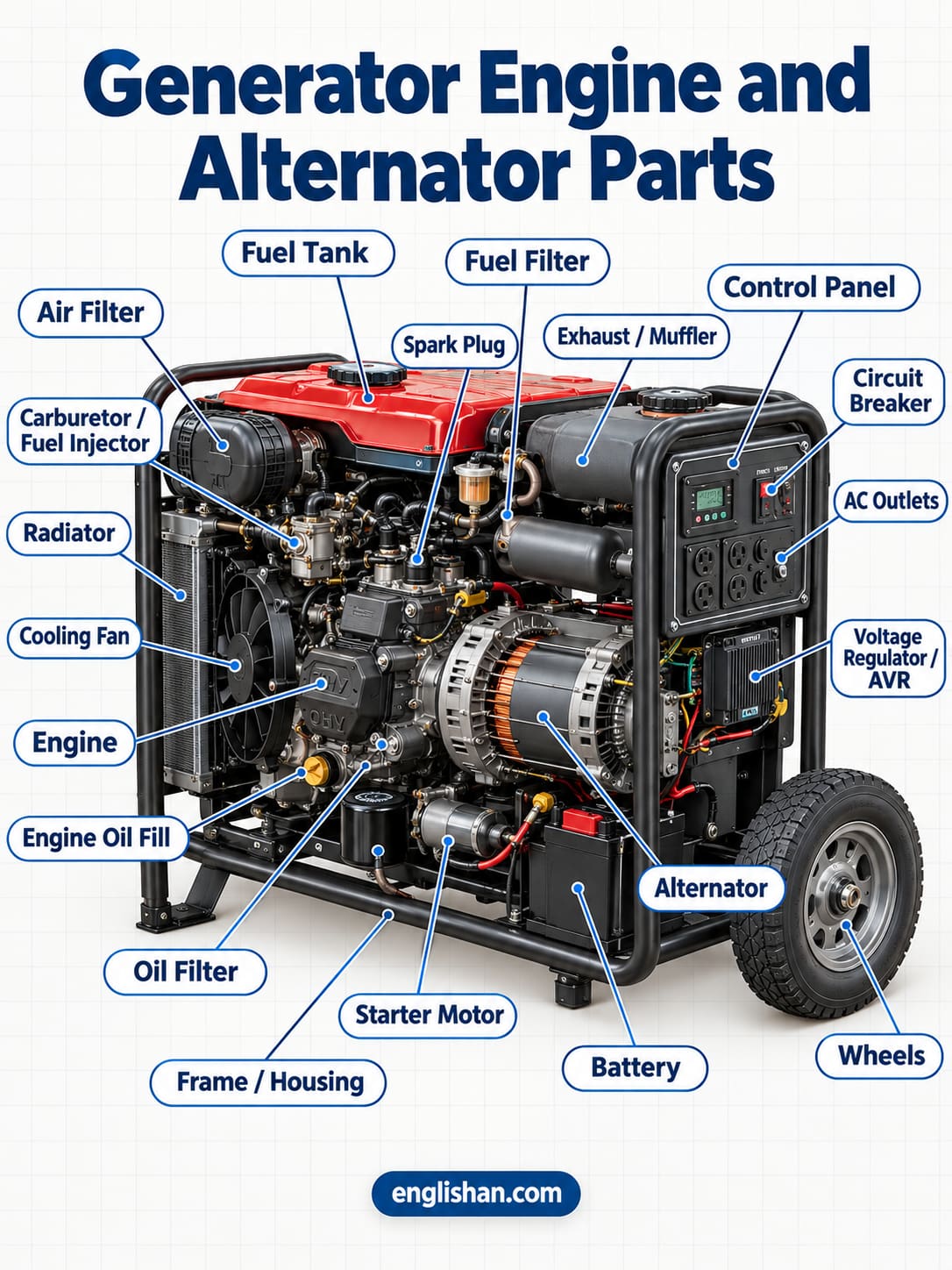 Generator engine and alternator parts including the piston, crankshaft, fuel injector, stator, rotor, and windings