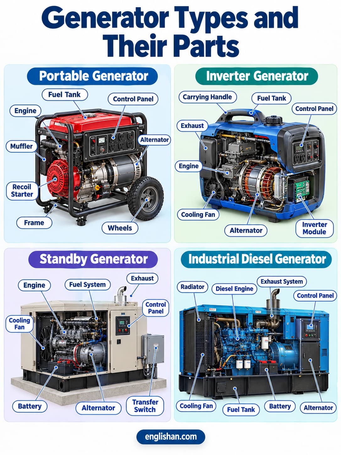 Generator types and their parts including portable, standby, inverter, industrial, diesel, and gasoline generator components