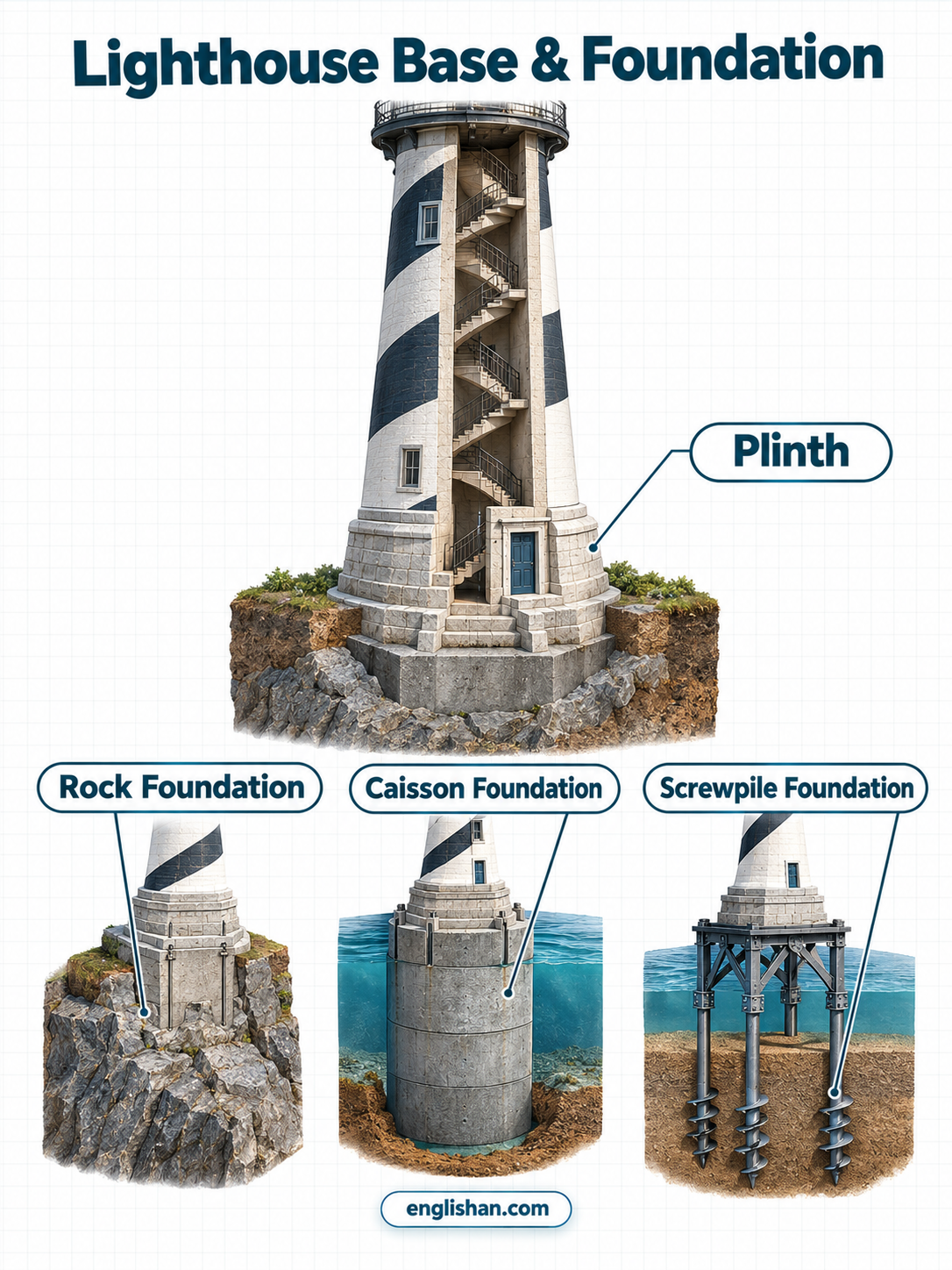 Lighthouse base and foundation with masonry walls, concrete footing, and ground support