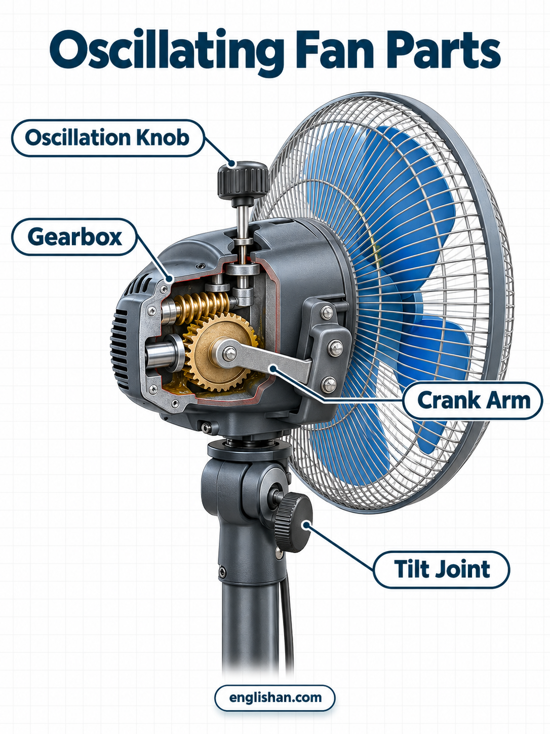 Oscillating fan parts including the motor, gear housing, worm gear, crank pin, connecting rod, pivot joint, and knob