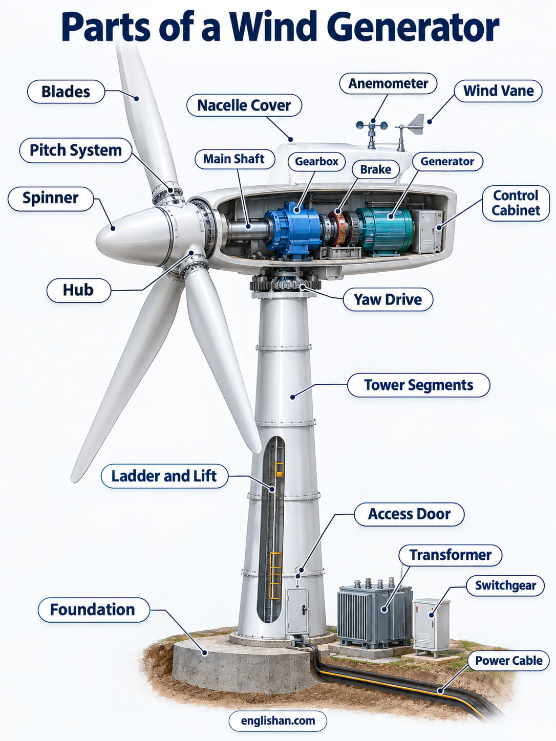 Parts of a wind generator including rotor blades, hub, nacelle, generator, main shaft, gearbox, tower, and transformer