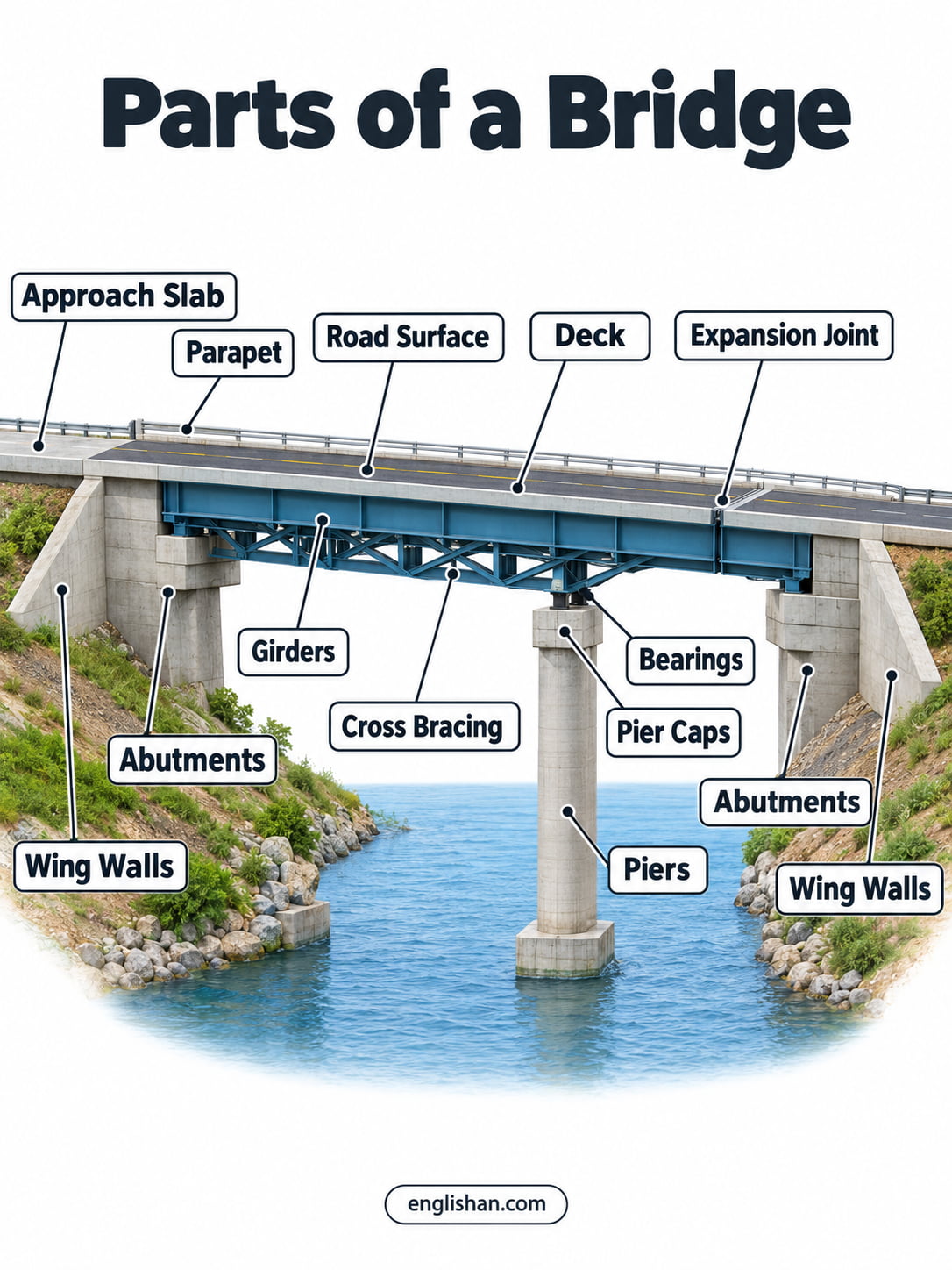 Parts of a bridge showing the deck, parapets, girders, bearings, piers, abutments, and foundations