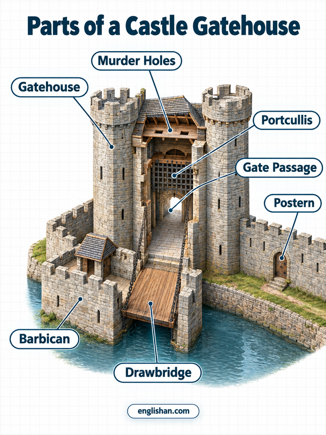 Parts of a castle entrance including the gatehouse, archway, portcullis, drawbridge, gate doors, and arrow slits
