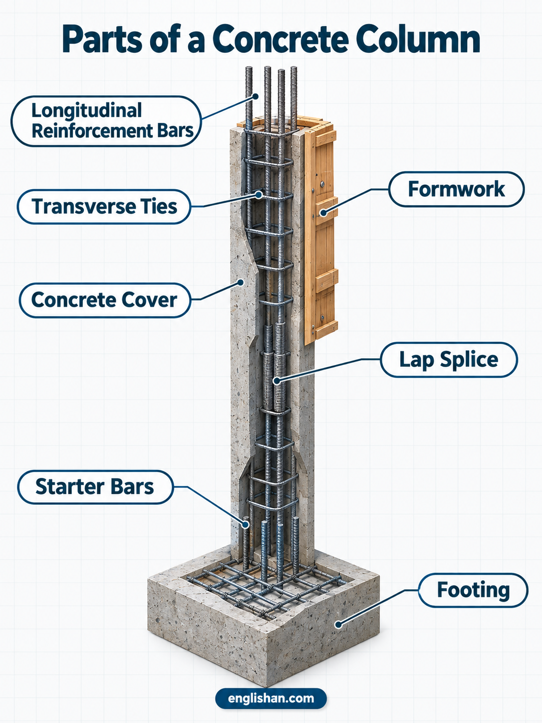 Parts of a concrete column including longitudinal bars, stirrups, concrete cover, core, and footing connection