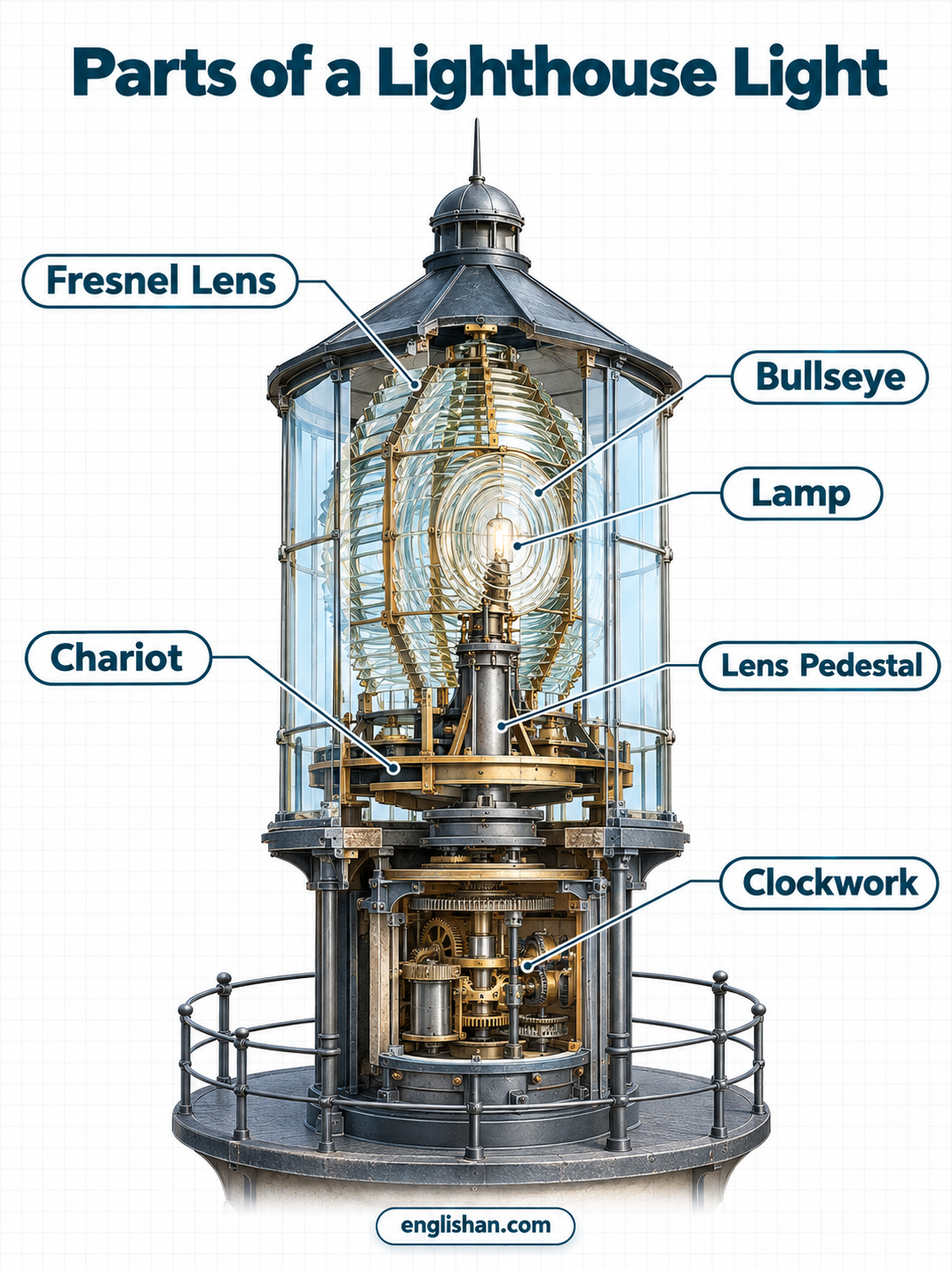 Parts of a lighthouse light including the lamp, Fresnel lens, optic, reflector, and rotating mechanism