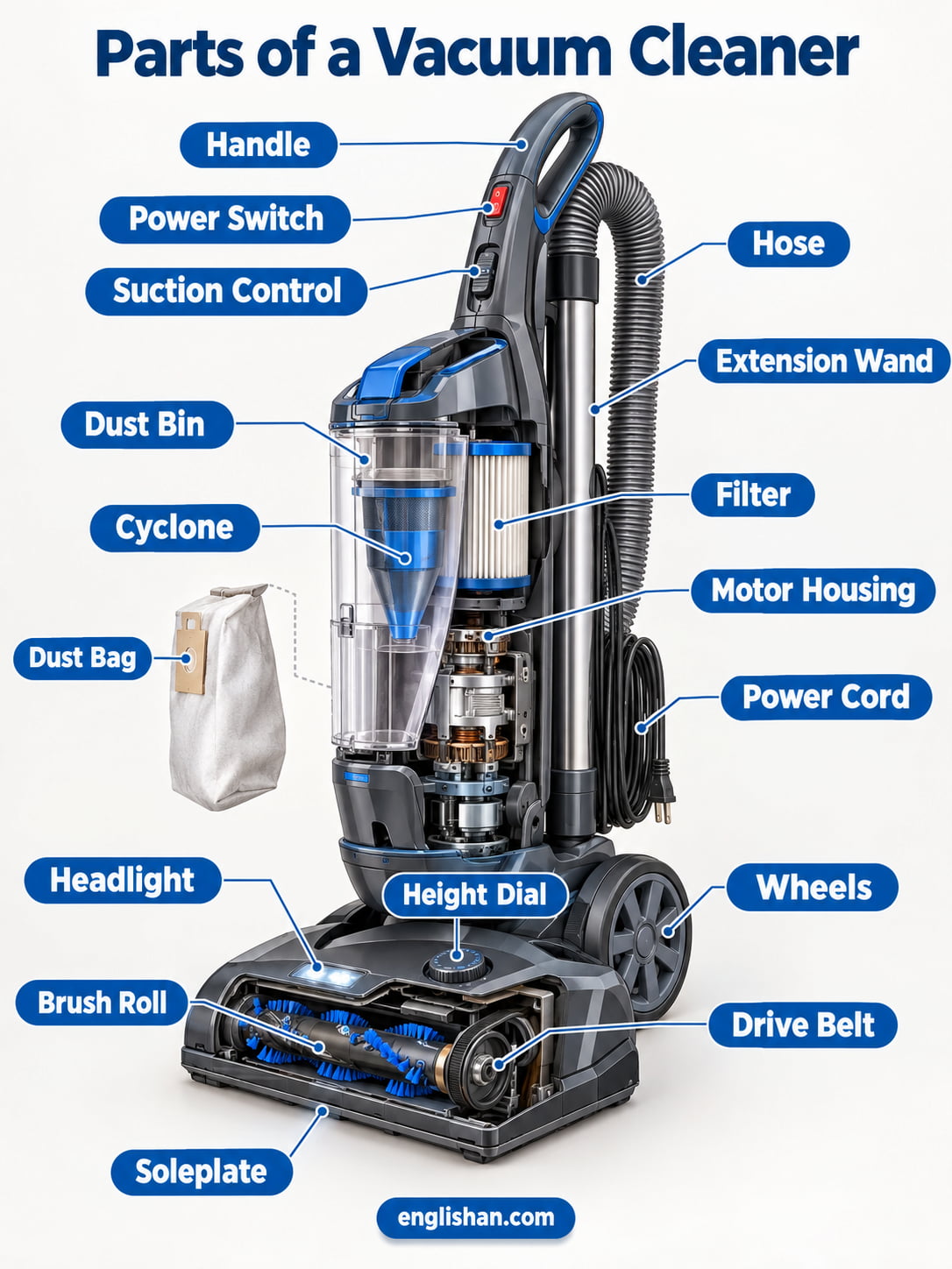 Parts of a vacuum cleaner including the motor, dust container, filter, hose, wand, brush head, and floor nozzle