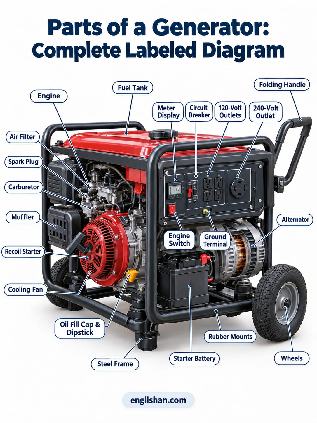 Parts of a generator including the engine, alternator, fuel tank, battery, radiator, exhaust system, and control panel