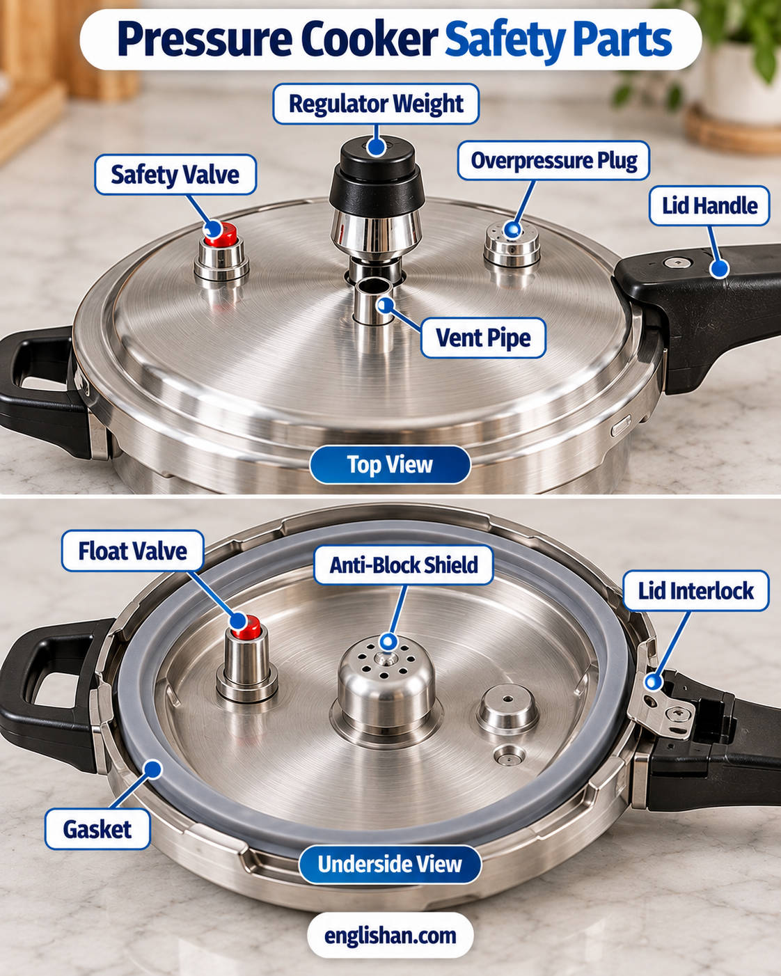 Pressure Cooker Safety Parts Diagram with safety valve, locking pin, sealing ring, vent pipe, and pressure regulator.
