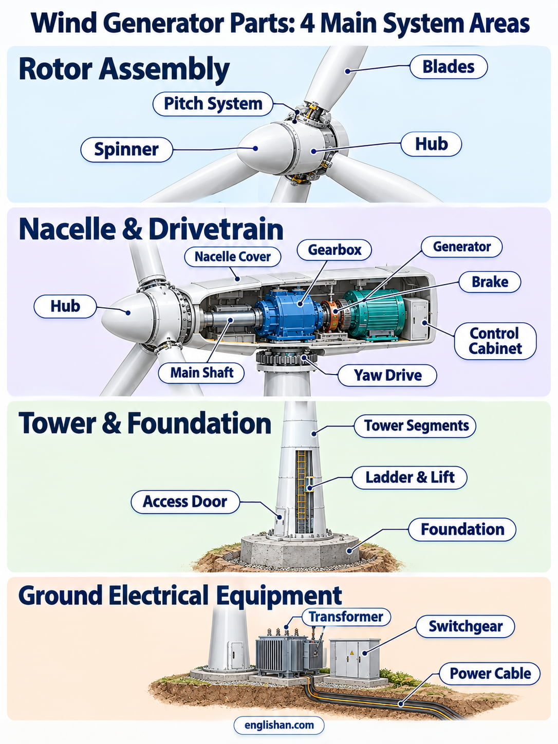 Wind generator parts divided into four system areas: rotor, drivetrain, electrical system, and control system