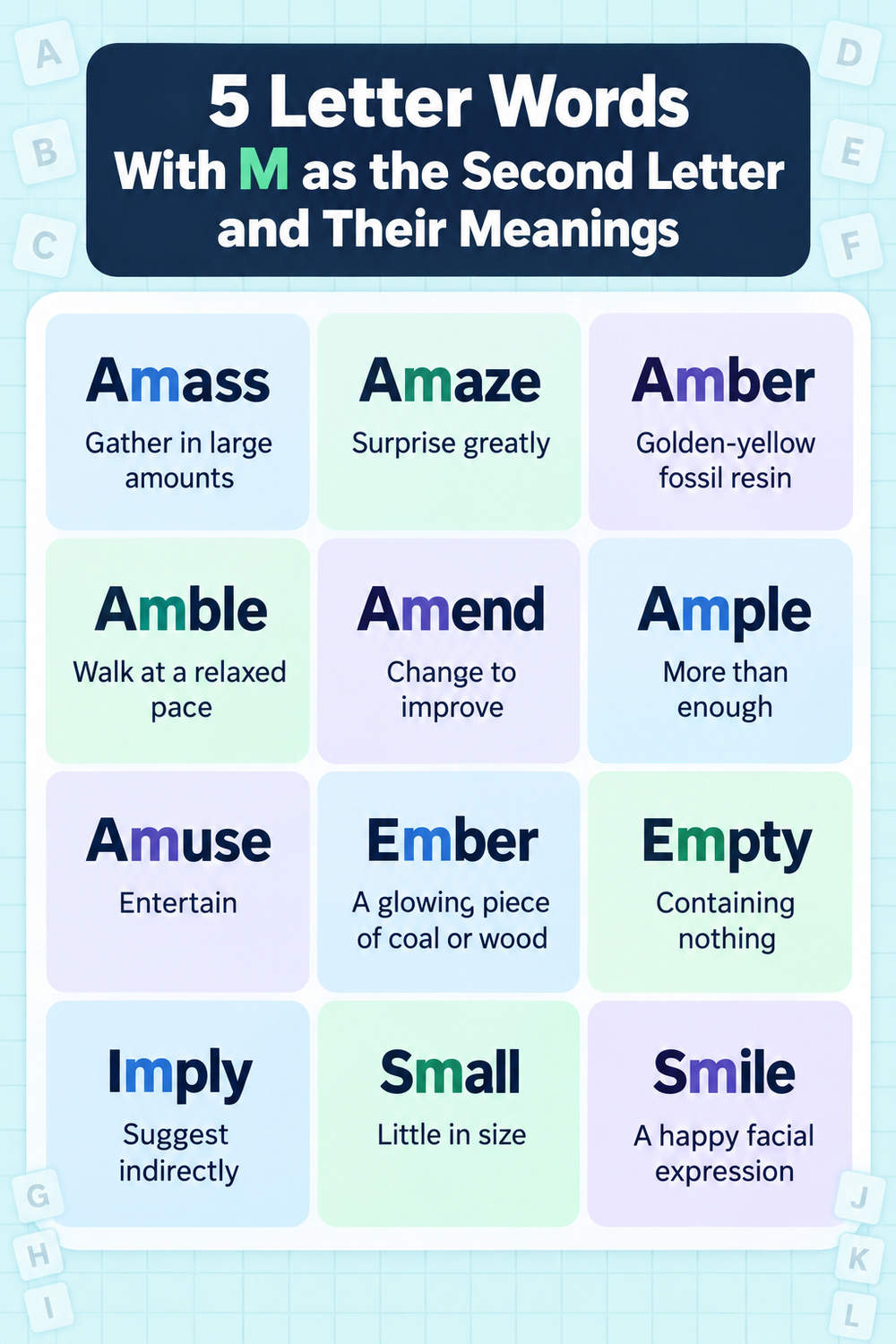 5 letter words with m as the second letter and their meanings, with short definitions for amass, ember, imbue, ombre, and umbra