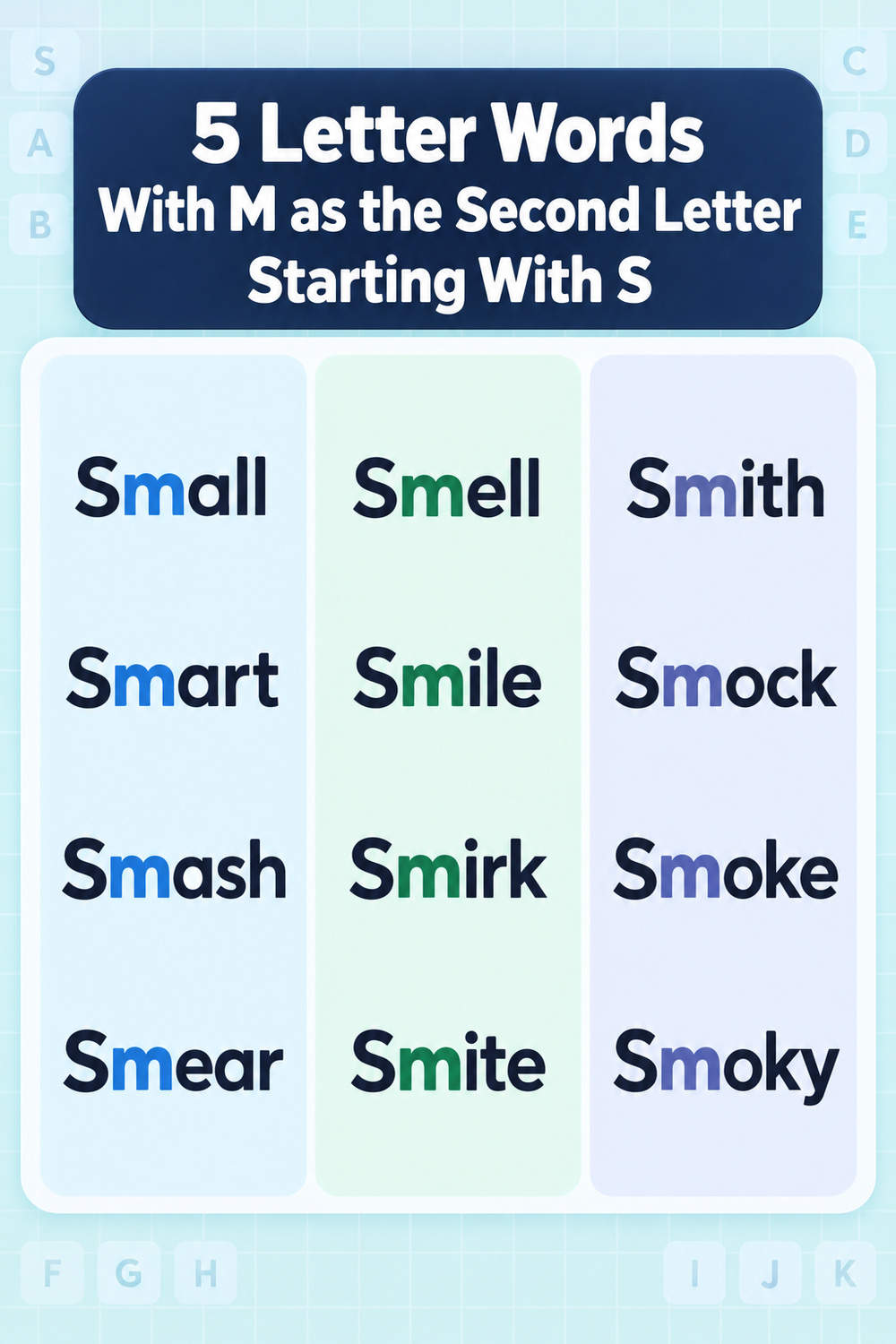 5 letter words starting with S with m as the second letter, such as small, smart, smile, smoke, and smash, with SM in positions one and two