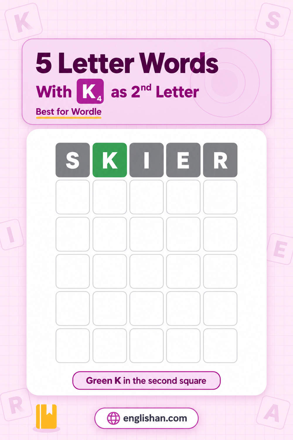 Best 5 letter words with k as the second letter for Wordle, showing the row SKIER with a green K in the second square