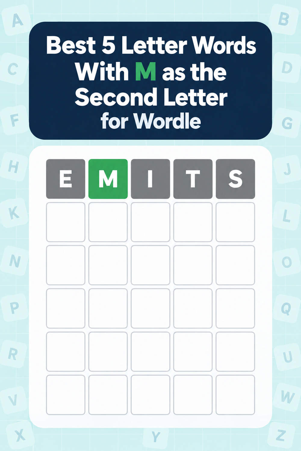 Best 5 letter words with m as the second letter for Wordle, showing the row EMITS with a green M in the second square
