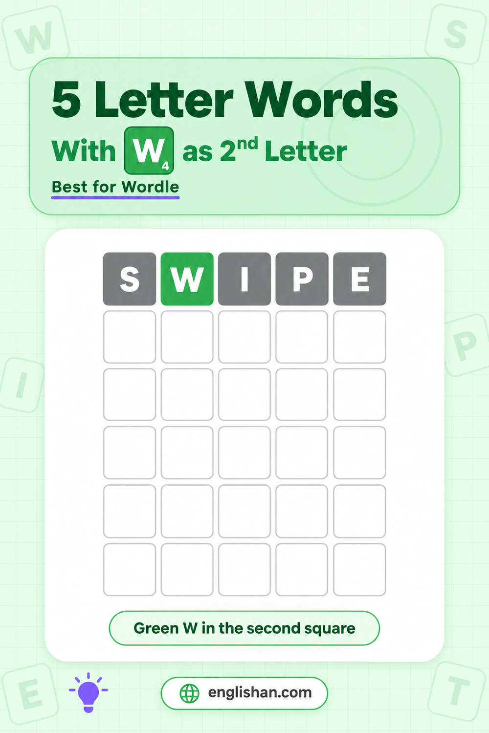 Best 5 letter words with w as the second letter for Wordle, showing the row SWIPE with a green W in the second square