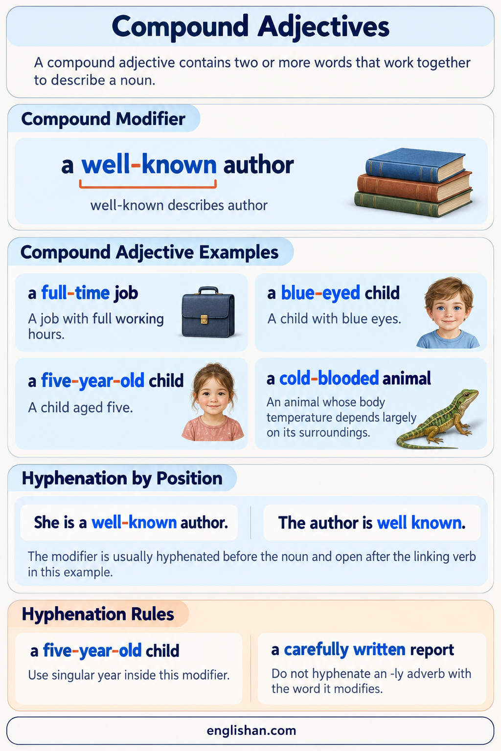 Compound adjectives with hyphens, such as well-known, part-time, and ten-year-old before the noun