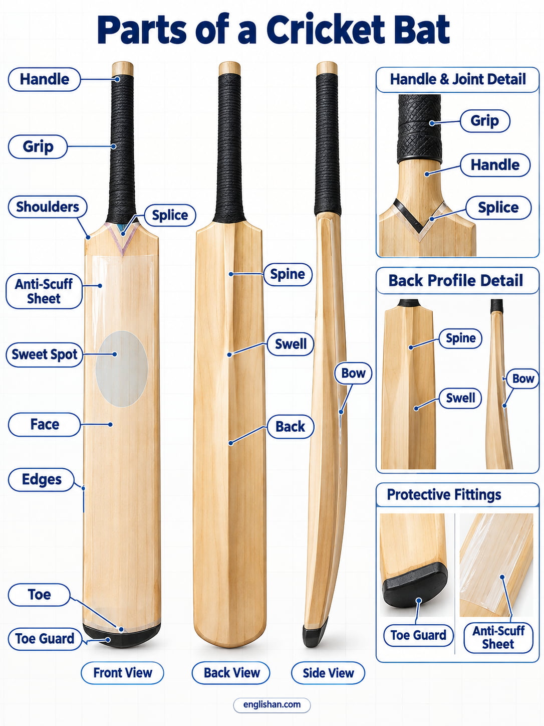 Parts of a cricket bat showing the blade, handle, rubber grip, shoulders, splice, edges, toe, and sweet spot