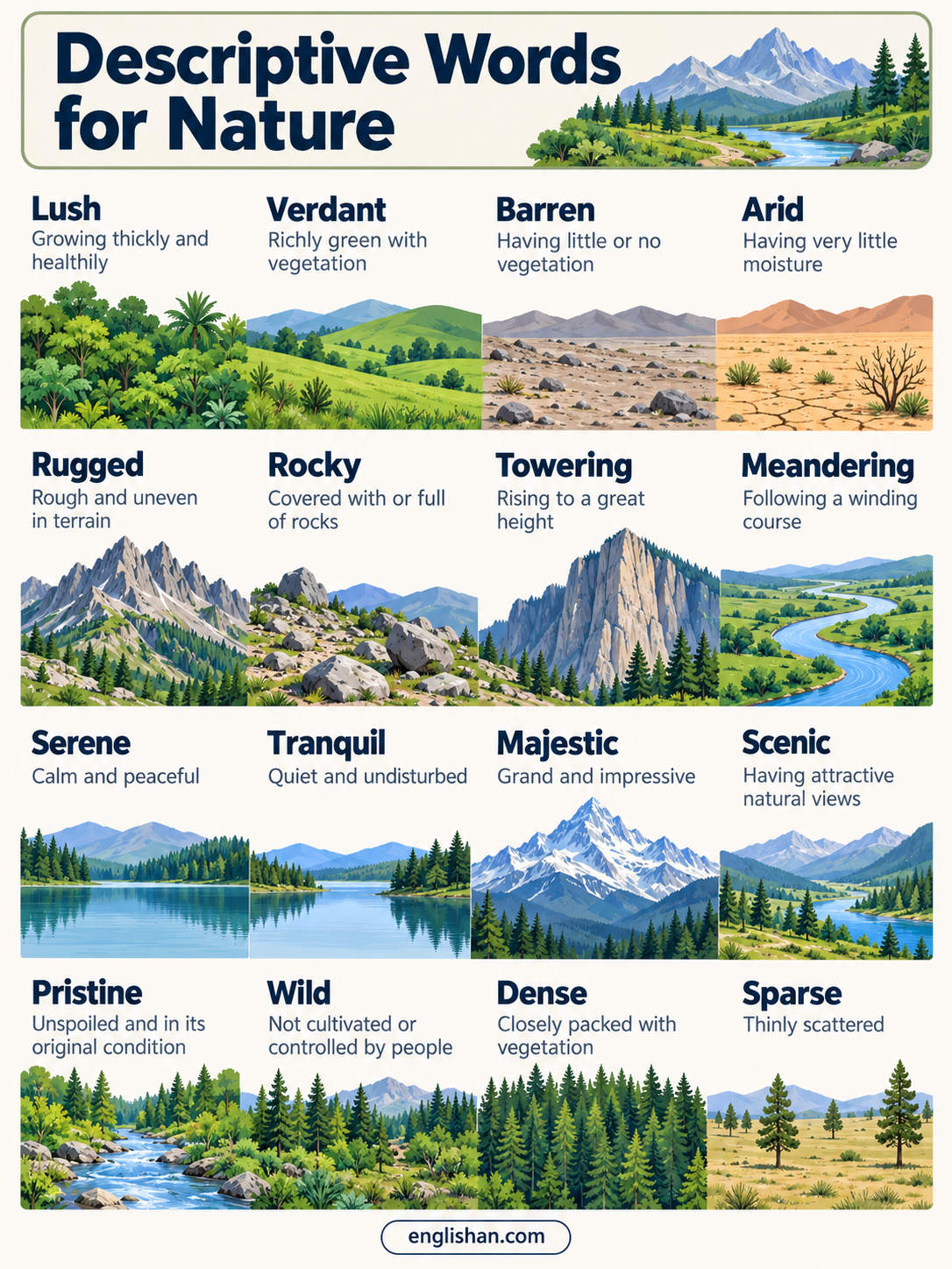 Descriptive words for nature and landscape: blooming, breezy, misty, serene, shimmering, tranquil and vibrant