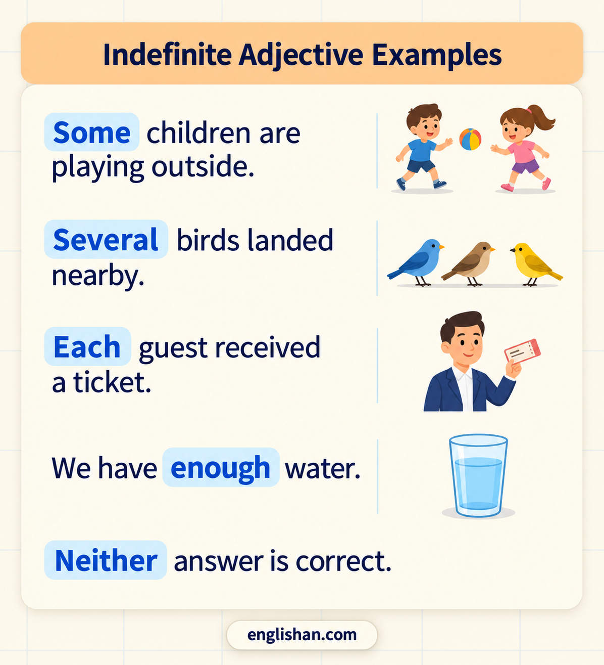 Examples of indefinite adjectives in sentences mark some, many, each, and several before the noun in every line.